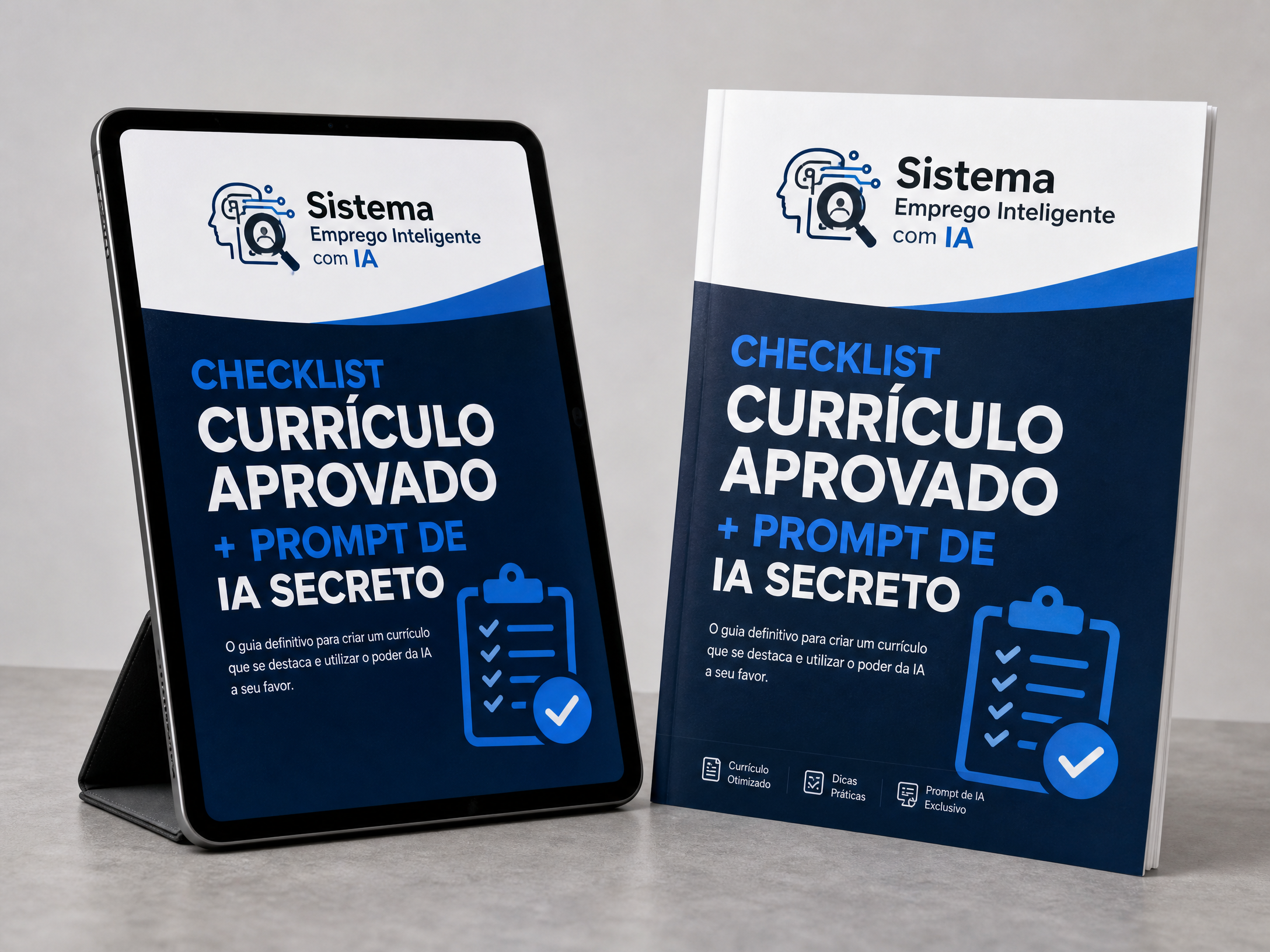 Mockup do Checklist Currículo Aprovado em tablet e versão impressa